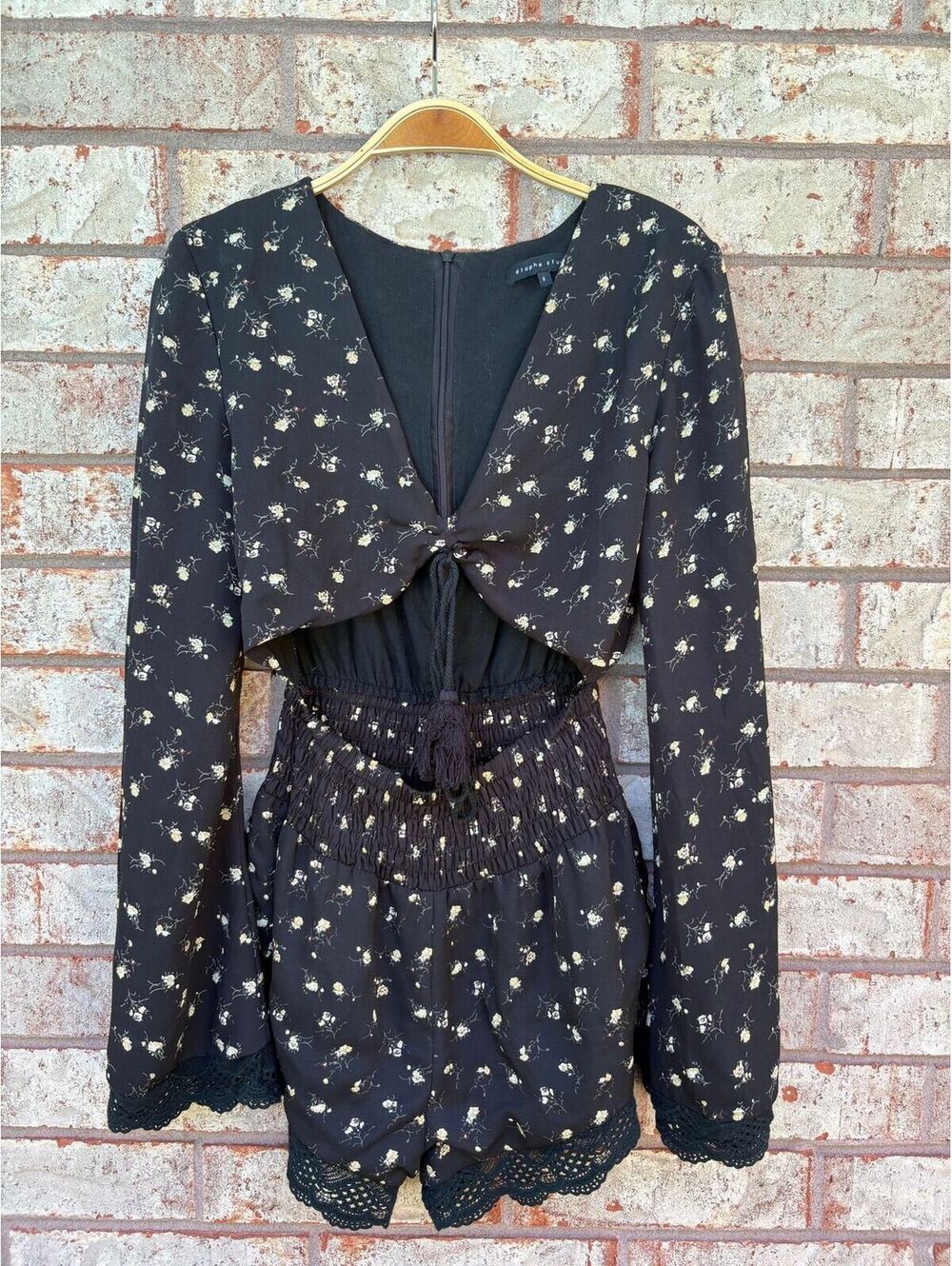 Etophe Studio's Black Floral Romper with Bell Sleeves Size S